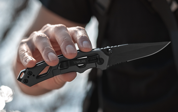 TRUE EDC Knife  Partially-Serrated Stainless Steel Pocket Knife with Drop  Point Blade and Glass Breaker